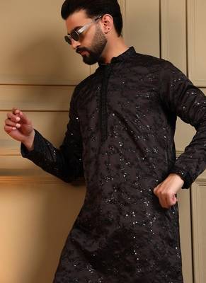 Black royal silk embroidered work kurta payjama wedding & festive wear 4