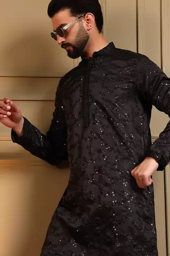 Black royal silk embroidered work kurta payjama wedding & festive wear