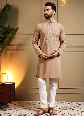 Beige silk blend embroidered work kurta payjama wedding & festive wear 3