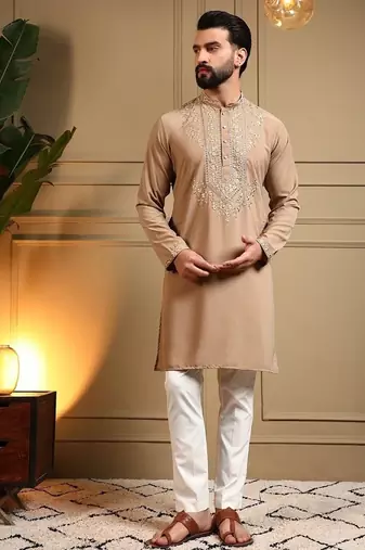 Beige silk blend embroidered work kurta payjama wedding & festive wear