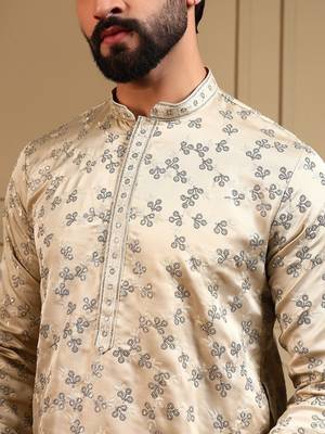 Beige royal silk embroidered work kurta payjama wedding & festive wear 5