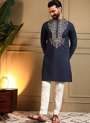 Navyblue silk blend embroidered work kurta payjama wedding & festive wear 3