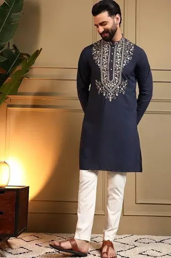 Navyblue silk blend embroidered work kurta payjama wedding & festive wear