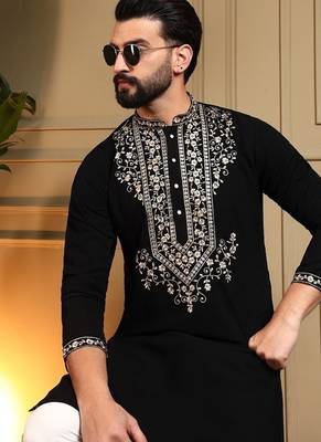 Black silk blend embroidered work kurta payjama wedding & festive wear 4