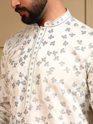 White royal silk embroidered work kurta payjama wedding & festive wear 5