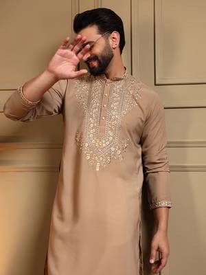 Beige silk blend embroidered work kurta payjama wedding & festive wear 4