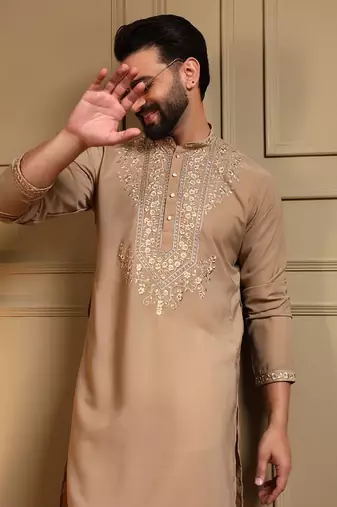 Beige silk blend embroidered work kurta payjama wedding & festive wear
