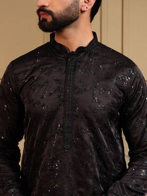Black royal silk embroidered work kurta payjama wedding & festive wear 5