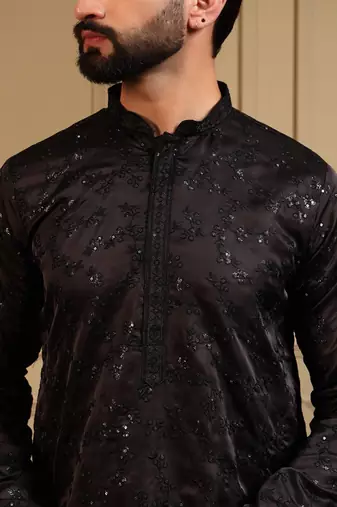 Black royal silk embroidered work kurta payjama wedding & festive wear
