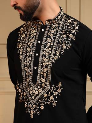 Black silk blend embroidered work kurta payjama wedding & festive wear 5