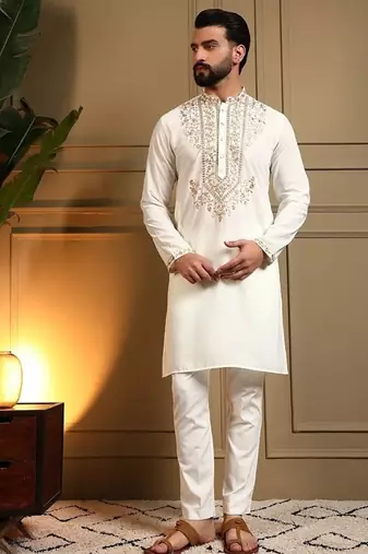White silk blend embroidered work kurta payjama wedding & festive wear
