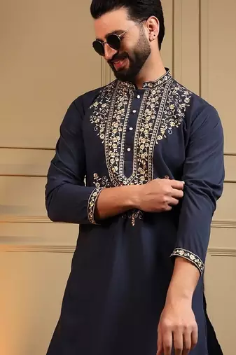 Navyblue silk blend embroidered work kurta payjama wedding & festive wear