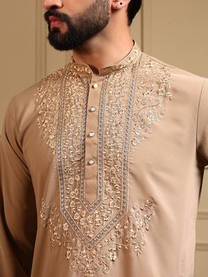 Beige silk blend embroidered work kurta payjama wedding & festive wear 5