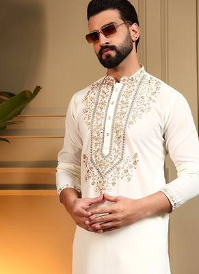White silk blend embroidered work kurta payjama wedding & festive wear 4