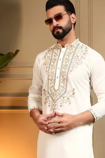 White silk blend embroidered work kurta payjama wedding & festive wear