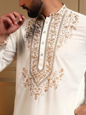 White silk blend embroidered work kurta payjama wedding & festive wear 5