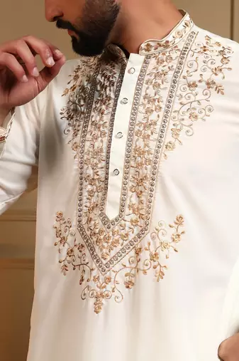 White silk blend embroidered work kurta payjama wedding & festive wear