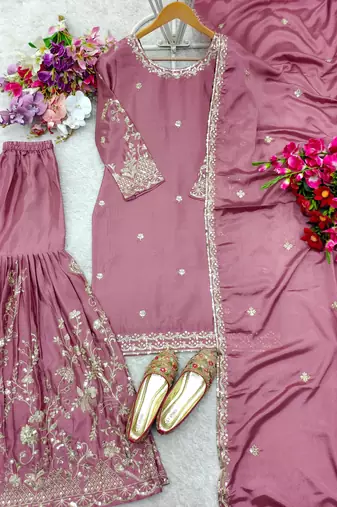 Mauve embroidered kurta sharara set