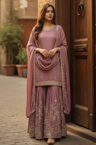 Mauve embroidered kurta sharara set
