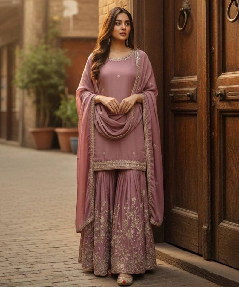 Mauve embroidered kurta sharara set