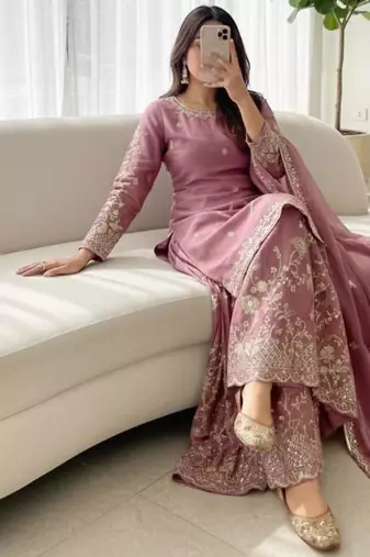 Mauve embroidered kurta sharara set