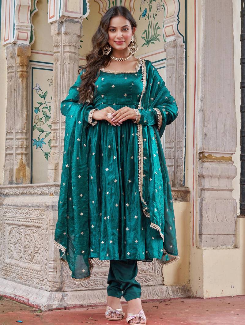 Teal green anarkali suit