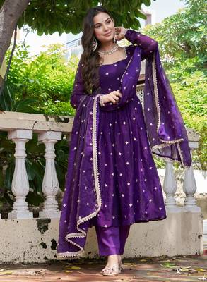 purple silk blend embroidered flared suit 1