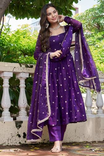 purple silk blend embroidered flared suit