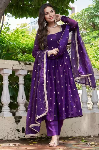 purple silk blend embroidered flared suit