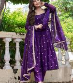 purple silk blend embroidered flared suit