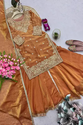 Peach embroidered sharara set