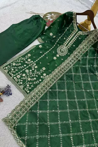 Dark green floral organza suit