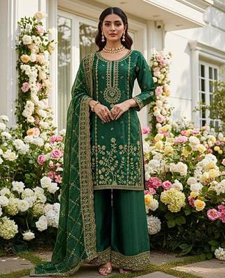 Dark green floral organza suit 1