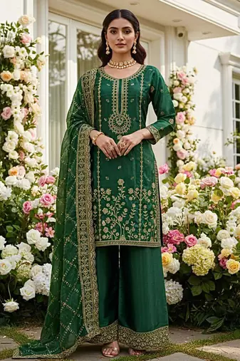 Dark green floral organza suit