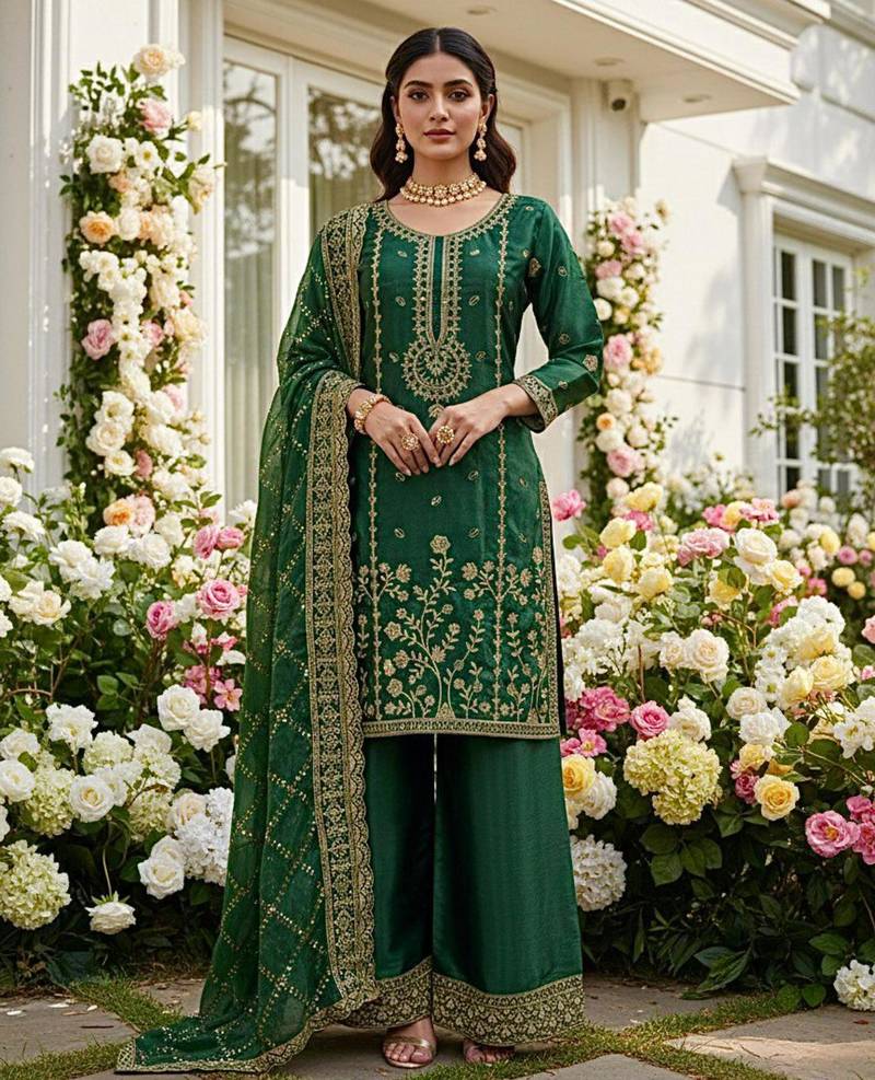 Dark green floral organza suit