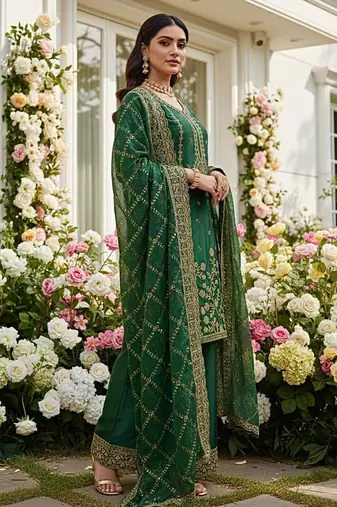 Dark green floral organza suit