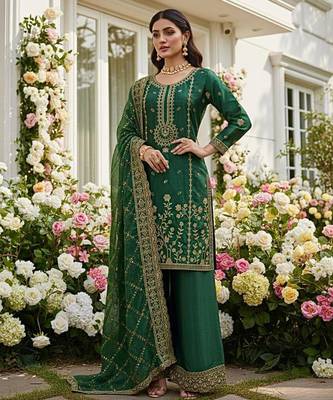 Dark green floral organza suit 4