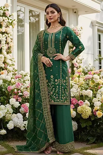 Dark green floral organza suit