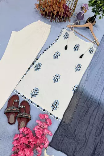 White straight kurta set with dupatta