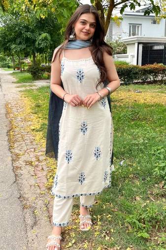 White straight kurta set with dupatta