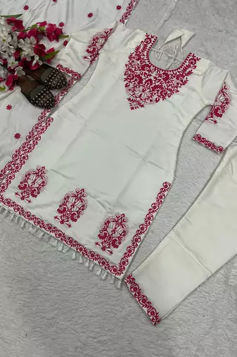 White kurta set with red embroidery