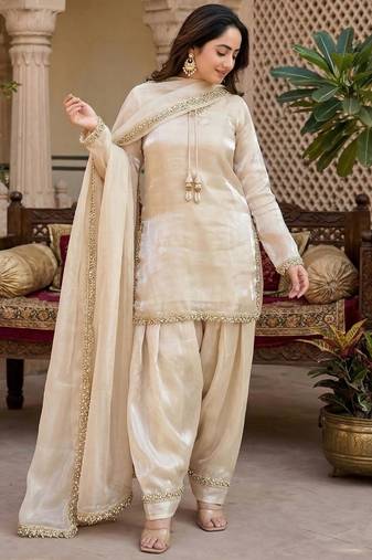 Beige designer farshi salwar suit.