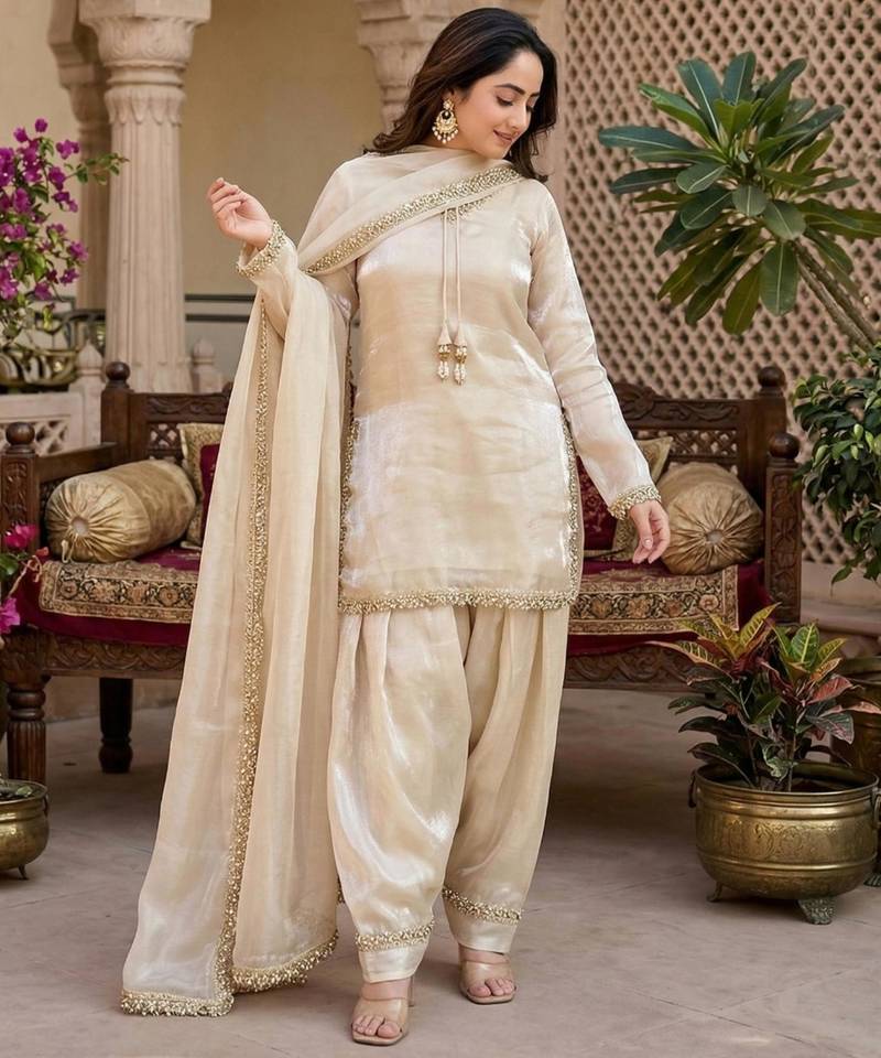 Beige designer farshi salwar suit.