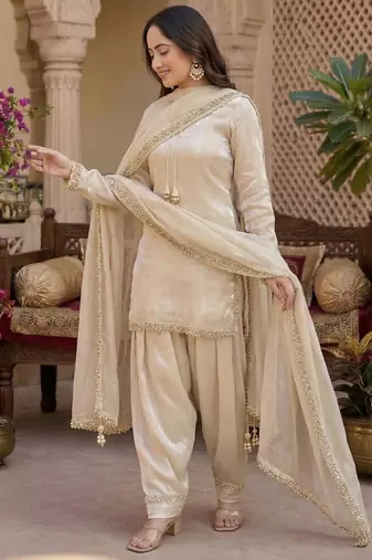 beige satin embroidered farshi salwar