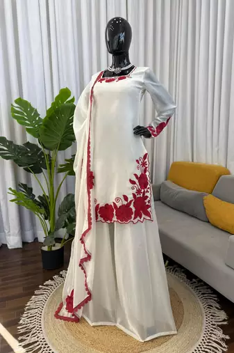 White and red embroidered suit set