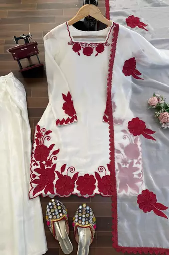 White and red embroidered suit set