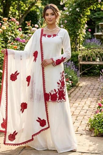 White and red embroidered suit set