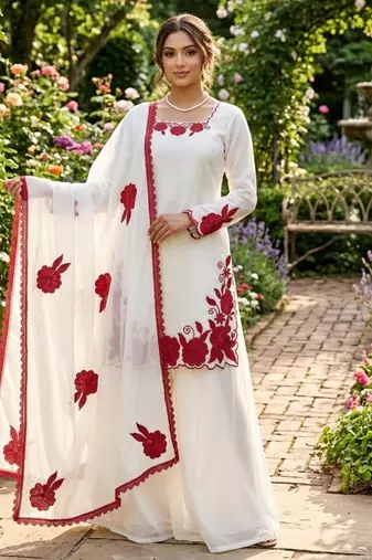 White and red embroidered suit set