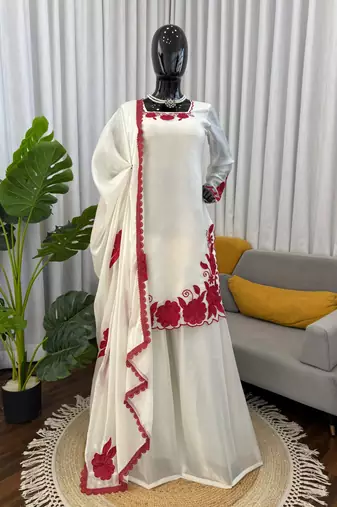 White and red embroidered suit set