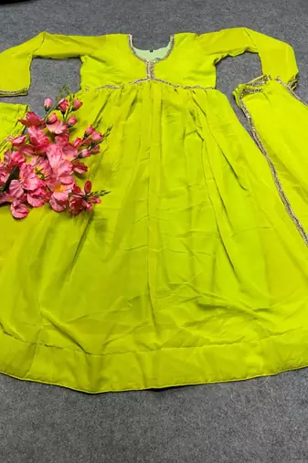 dark lime georgette embroidered flared suit 